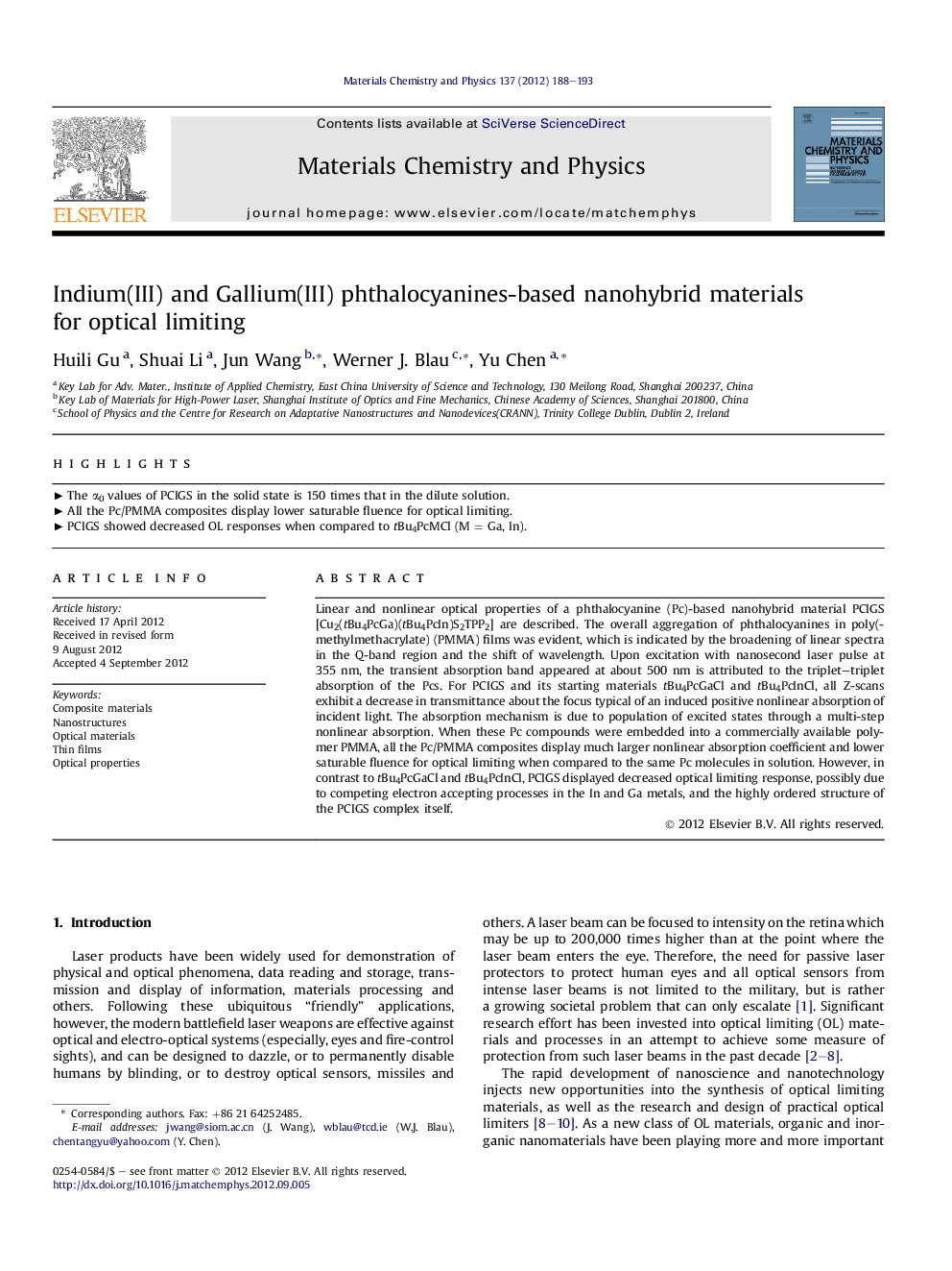 Indium(III) and Gallium(III) phthalocyanines-based nanohybrid materials for optical limiting