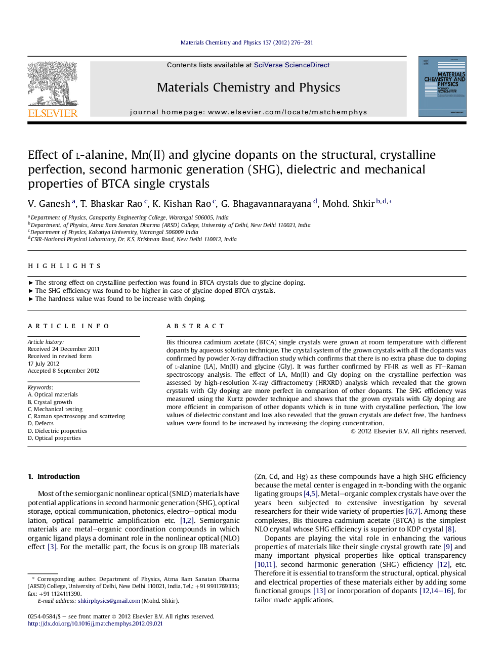 Effect of l-alanine, Mn(II) and glycine dopants on the structural, crystalline perfection, second harmonic generation (SHG), dielectric and mechanical properties of BTCA single crystals