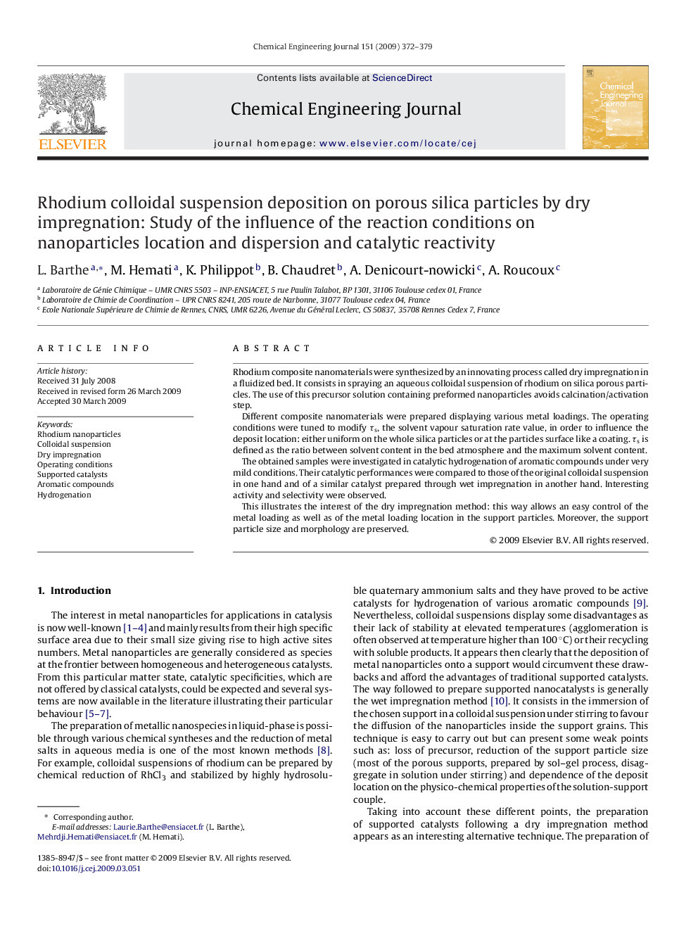 Rhodium colloidal suspension deposition on porous silica particles by dry impregnation: Study of the influence of the reaction conditions on nanoparticles location and dispersion and catalytic reactivity