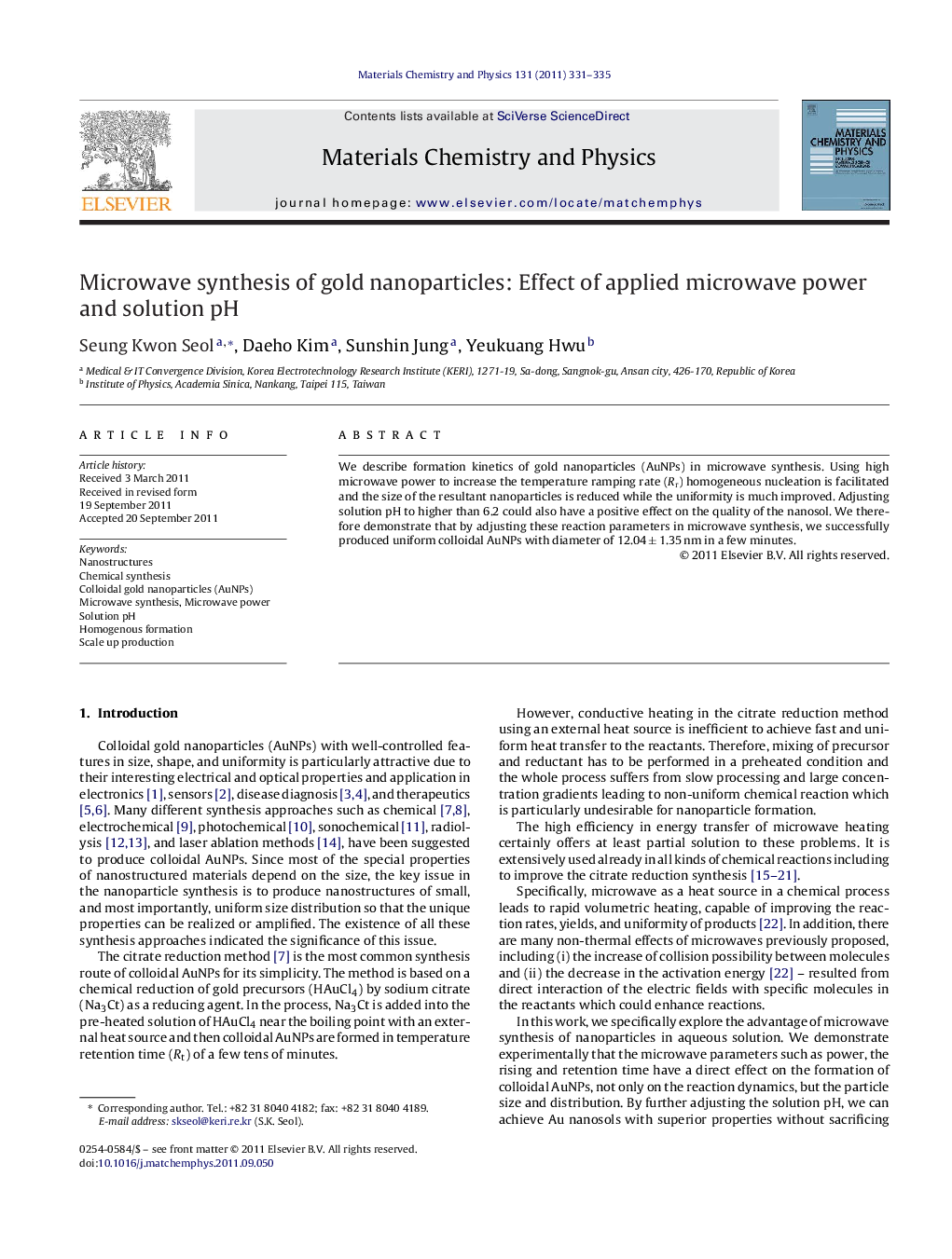 Microwave synthesis of gold nanoparticles: Effect of applied microwave power and solution pH