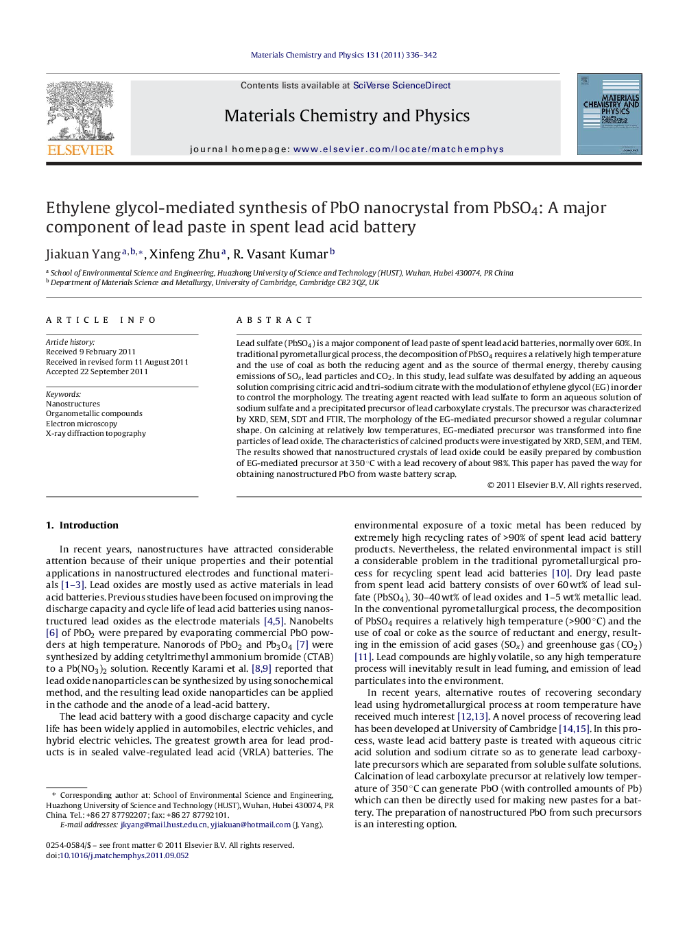 Ethylene glycol-mediated synthesis of PbO nanocrystal from PbSO4: A major component of lead paste in spent lead acid battery