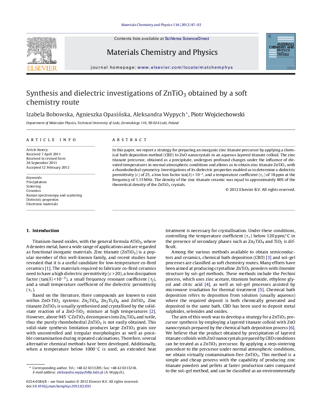 Synthesis and dielectric investigations of ZnTiO3 obtained by a soft chemistry route