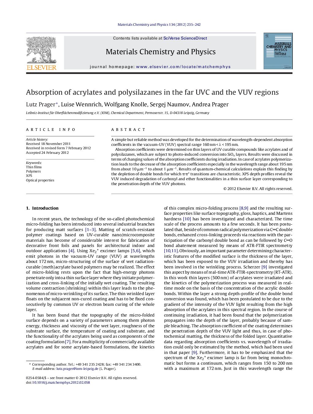 Absorption of acrylates and polysilazanes in the far UVC and the VUV regions