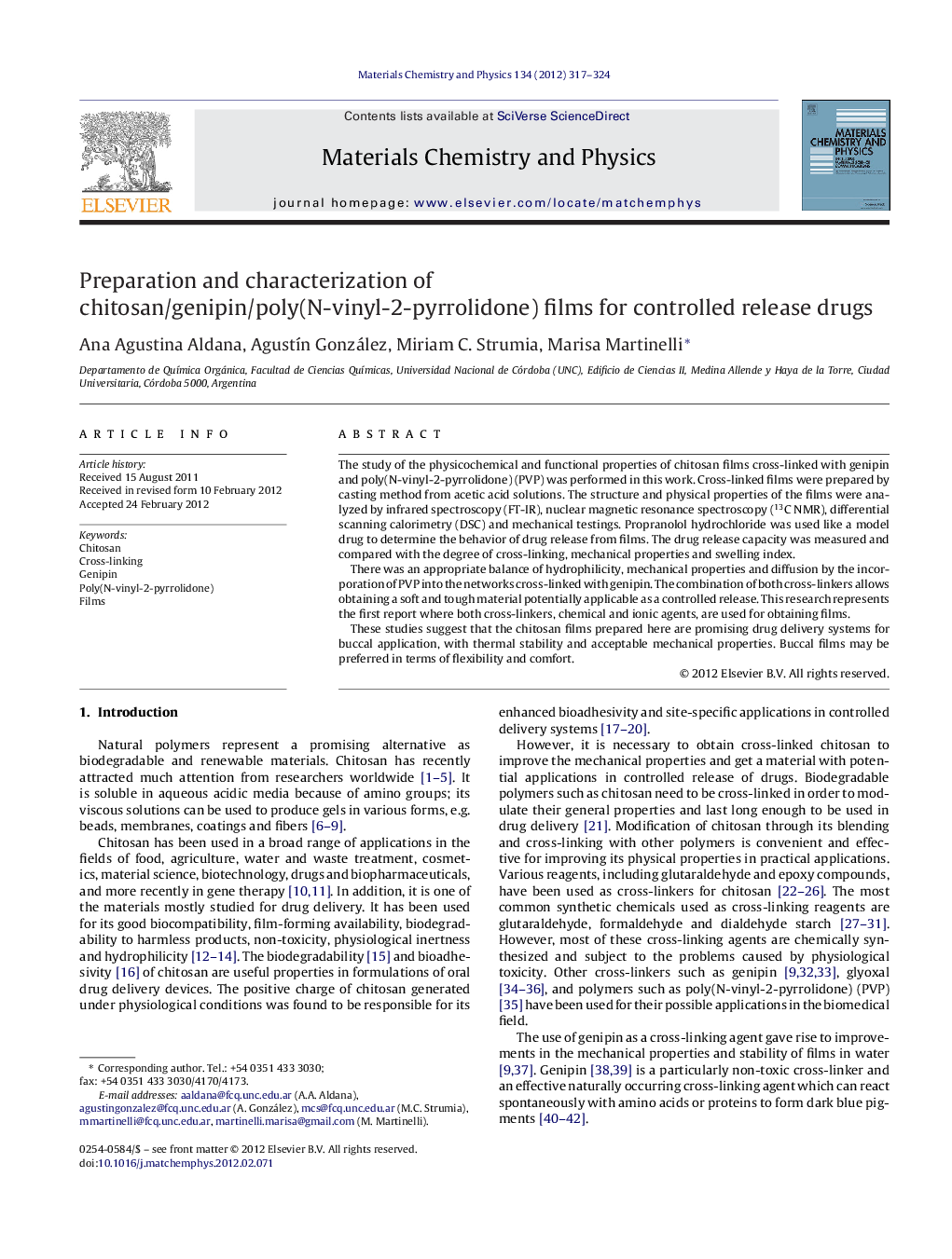 Preparation and characterization of chitosan/genipin/poly(N-vinyl-2-pyrrolidone) films for controlled release drugs