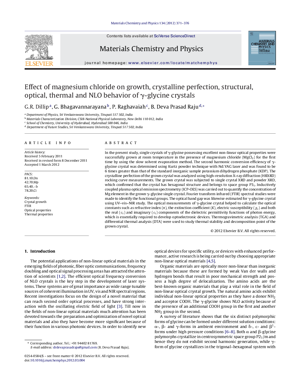 Effect of magnesium chloride on growth, crystalline perfection, structural, optical, thermal and NLO behavior of γ-glycine crystals