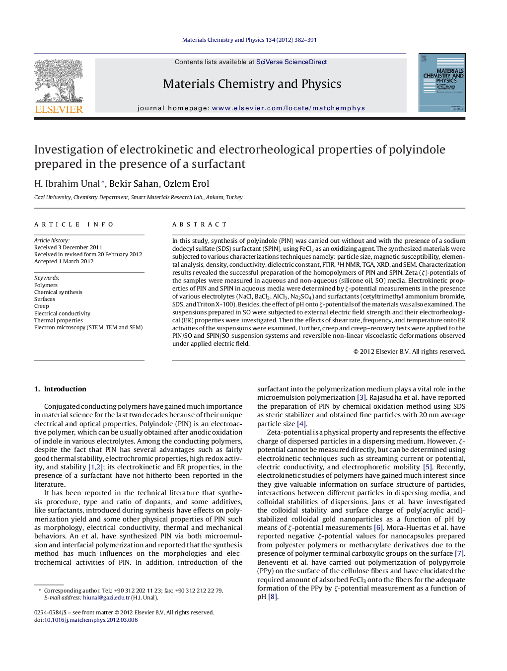 Investigation of electrokinetic and electrorheological properties of polyindole prepared in the presence of a surfactant