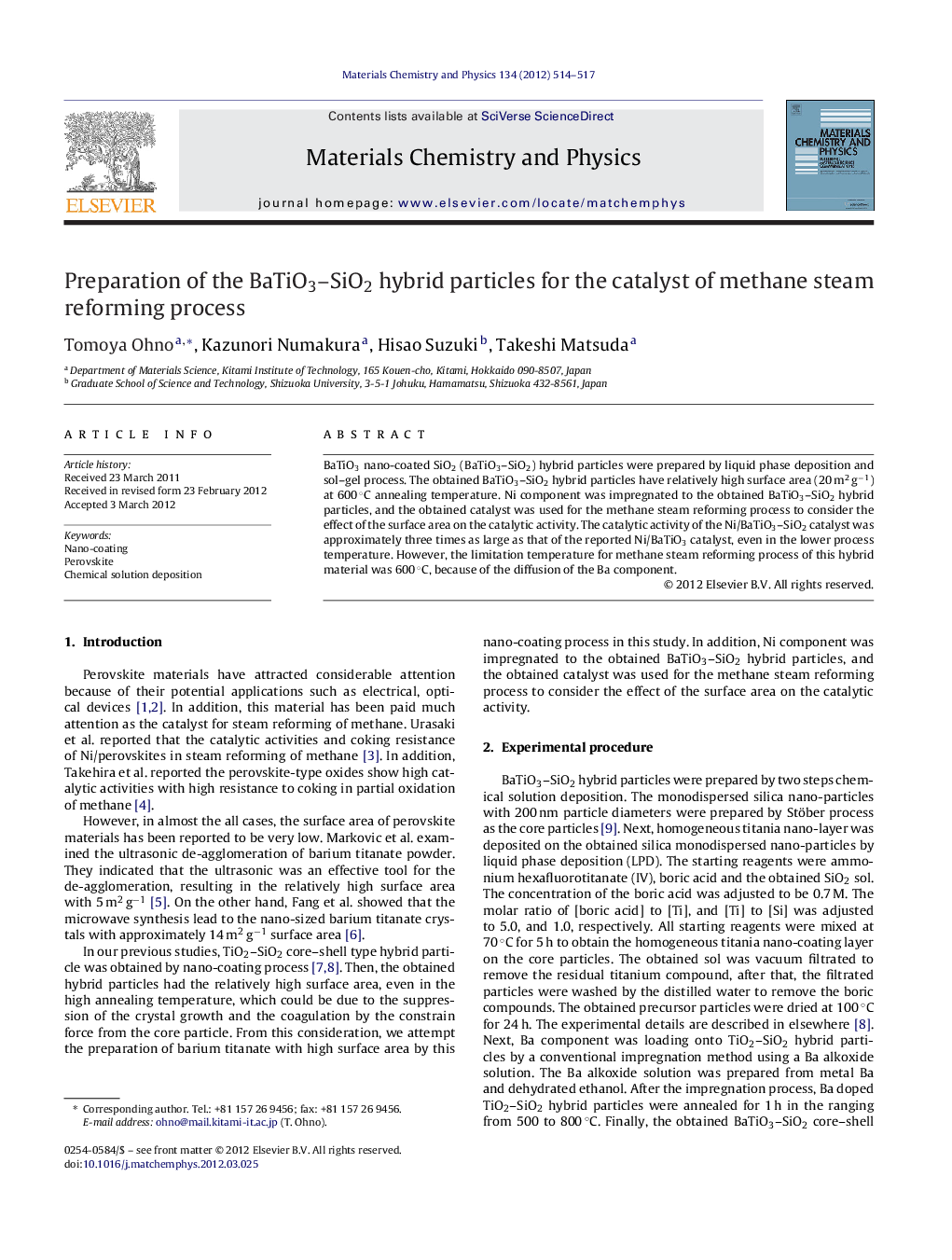 Preparation of the BaTiO3–SiO2 hybrid particles for the catalyst of methane steam reforming process