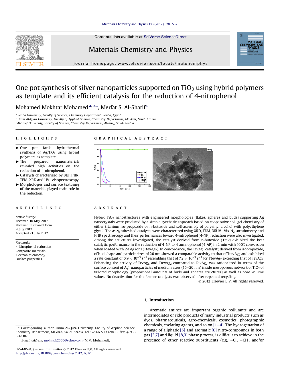 One pot synthesis of silver nanoparticles supported on TiO2 using hybrid polymers as template and its efficient catalysis for the reduction of 4-nitrophenol