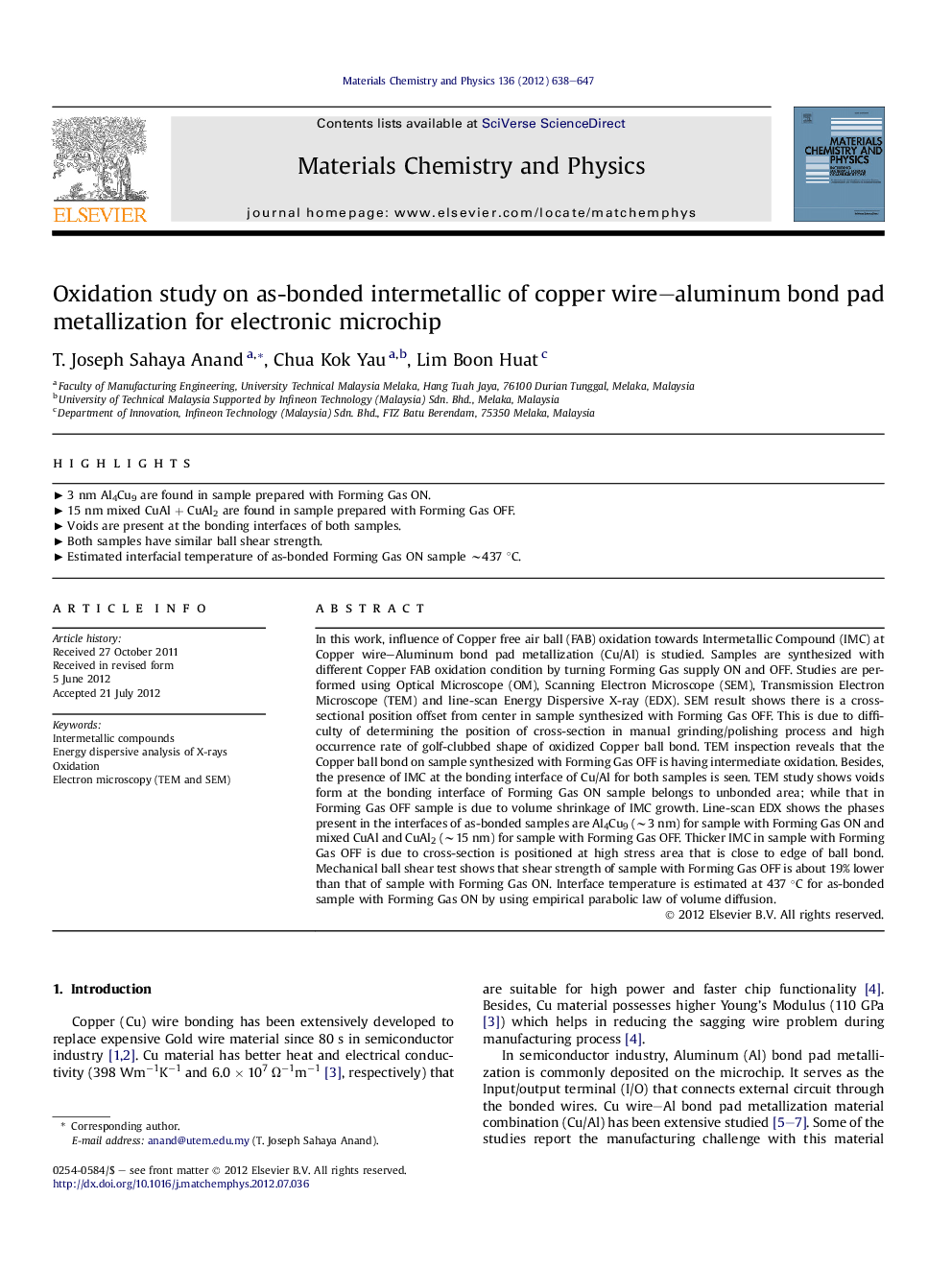 Oxidation study on as-bonded intermetallic of copper wire-aluminum bond pad metallization for electronic microchip