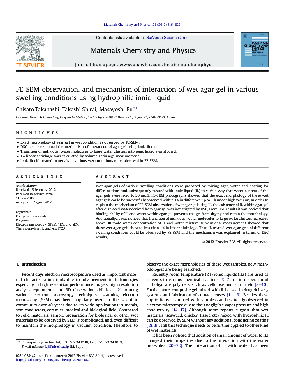 FE-SEM observation, and mechanism of interaction of wet agar gel in various swelling conditions using hydrophilic ionic liquid