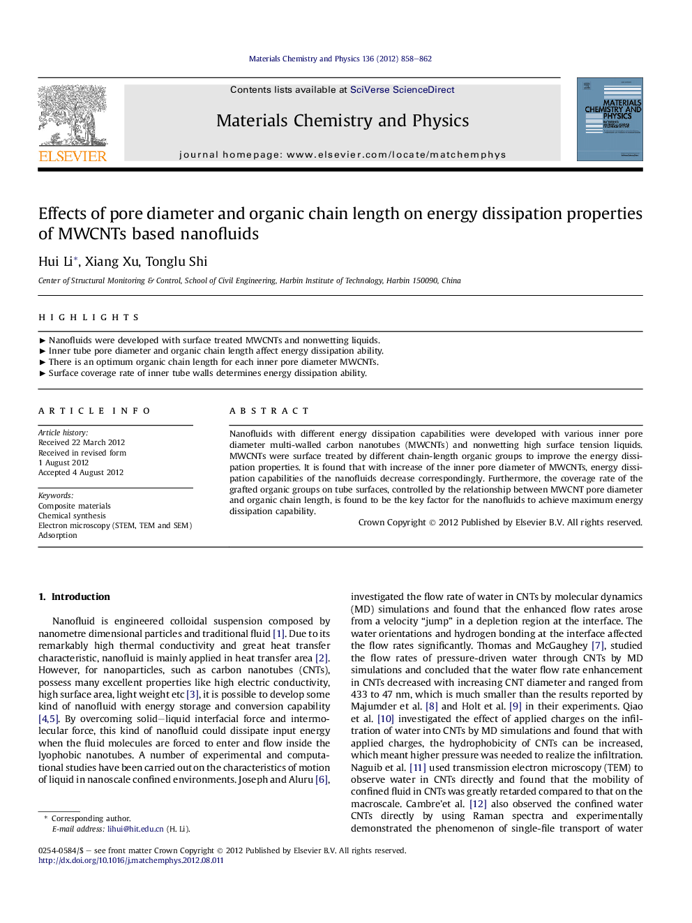 Effects of pore diameter and organic chain length on energy dissipation properties of MWCNTs based nanofluids