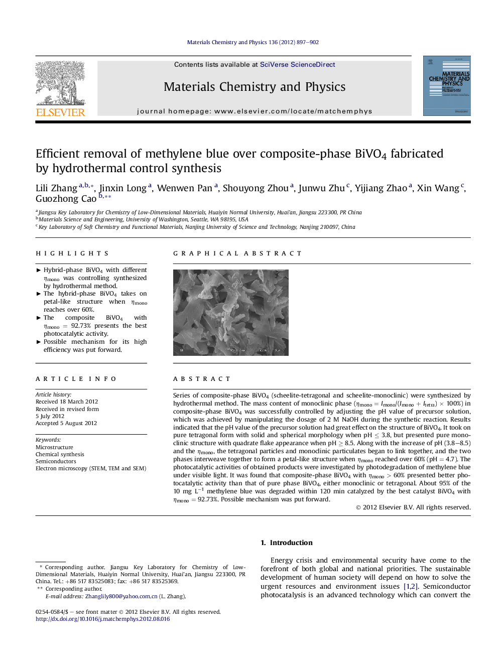 Efficient removal of methylene blue over composite-phase BiVO4 fabricated by hydrothermal control synthesis