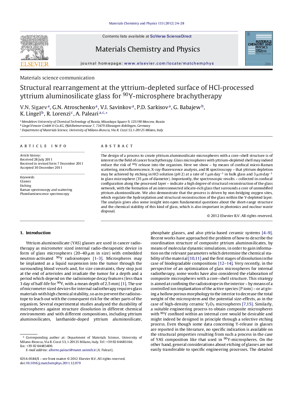عکس صفحه اول مقاله: Structural rearrangement at the yttrium-depleted surface of HCl-processed yttrium aluminosilicate glass for 90Y-microsphere brachytherapy Structural rearrangement at the yttrium-depleted surface of HCl-processed yttrium aluminosilicate glass for 90Y-microsphere brachytherapy