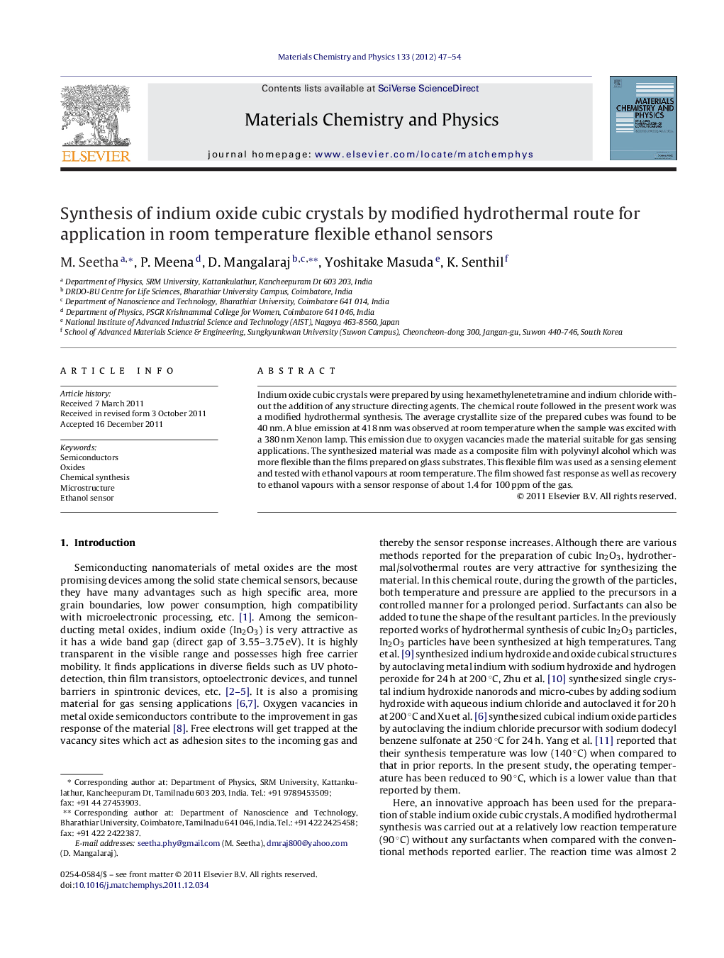 Synthesis of indium oxide cubic crystals by modified hydrothermal route for application in room temperature flexible ethanol sensors