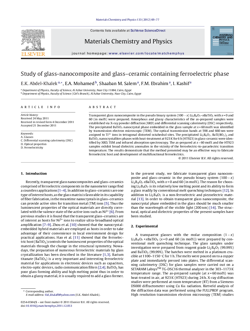 Study of glass-nanocomposite and glass–ceramic containing ferroelectric phase