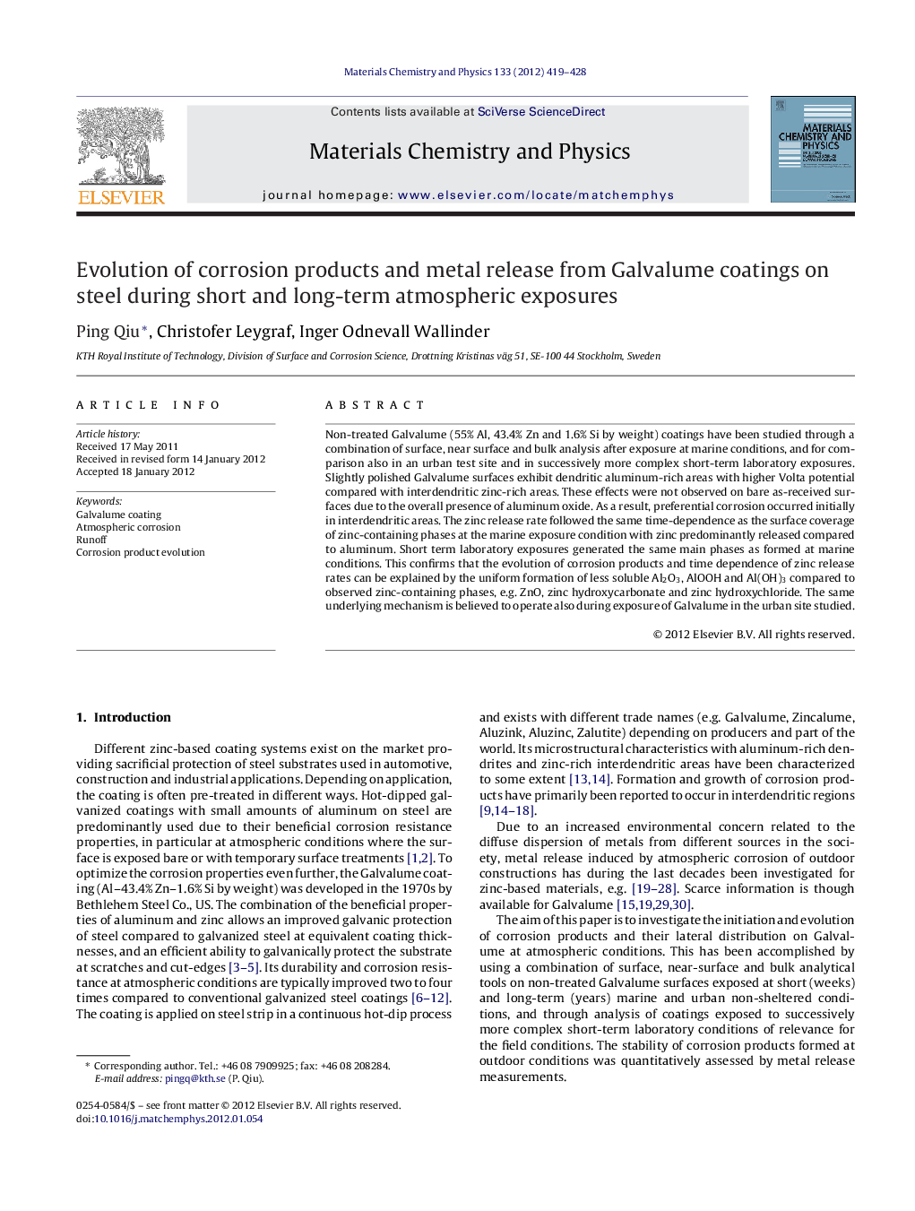 Evolution of corrosion products and metal release from Galvalume coatings on steel during short and long-term atmospheric exposures