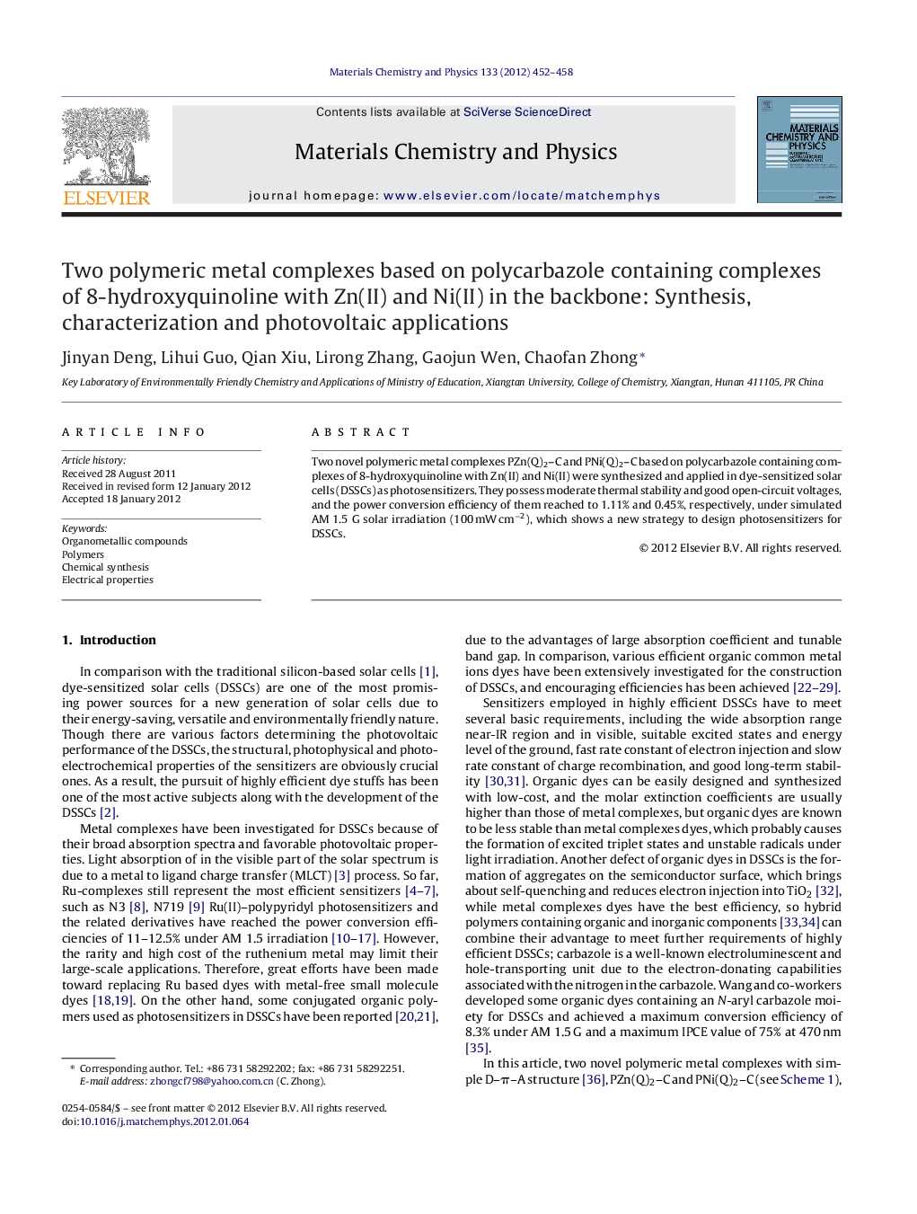 Two polymeric metal complexes based on polycarbazole containing complexes of 8-hydroxyquinoline with Zn(II) and Ni(II) in the backbone: Synthesis, characterization and photovoltaic applications