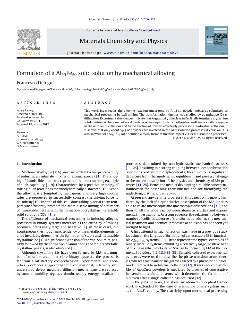 Formation of a Al50Fe50 solid solution by mechanical alloying