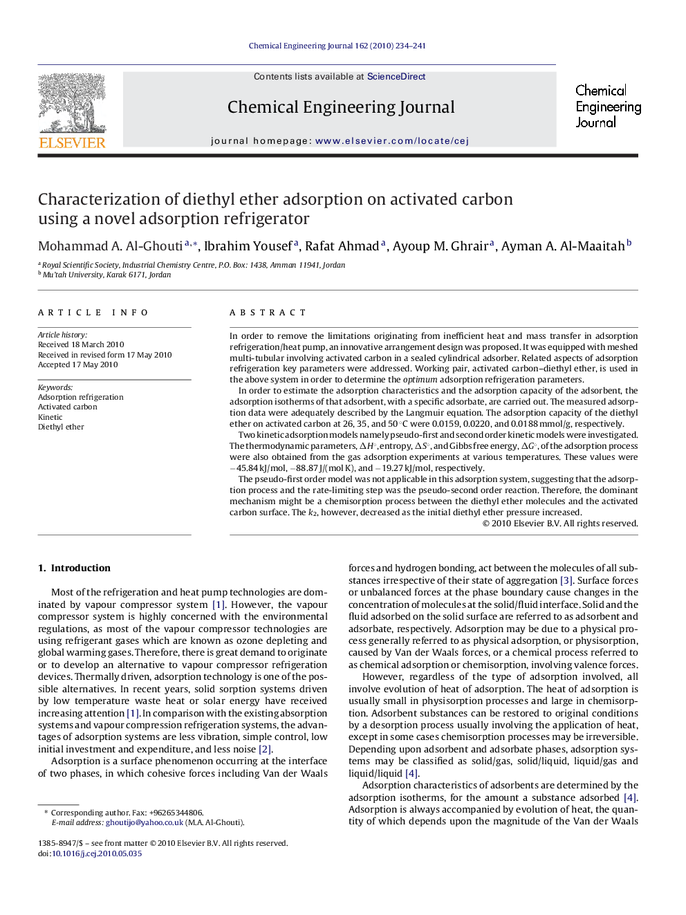 Characterization of diethyl ether adsorption on activated carbon using a novel adsorption refrigerator