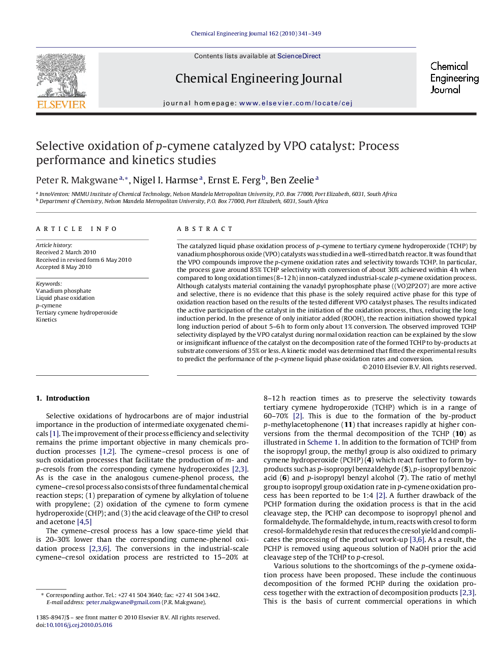 Selective oxidation of p-cymene catalyzed by VPO catalyst: Process performance and kinetics studies