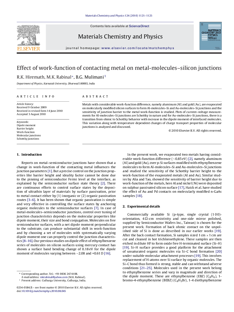 Effect of work-function of contacting metal on metal-molecules–silicon junctions