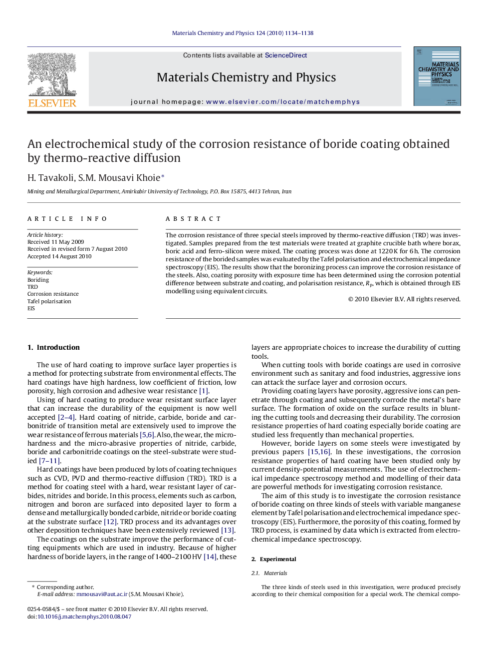 An electrochemical study of the corrosion resistance of boride coating obtained by thermo-reactive diffusion