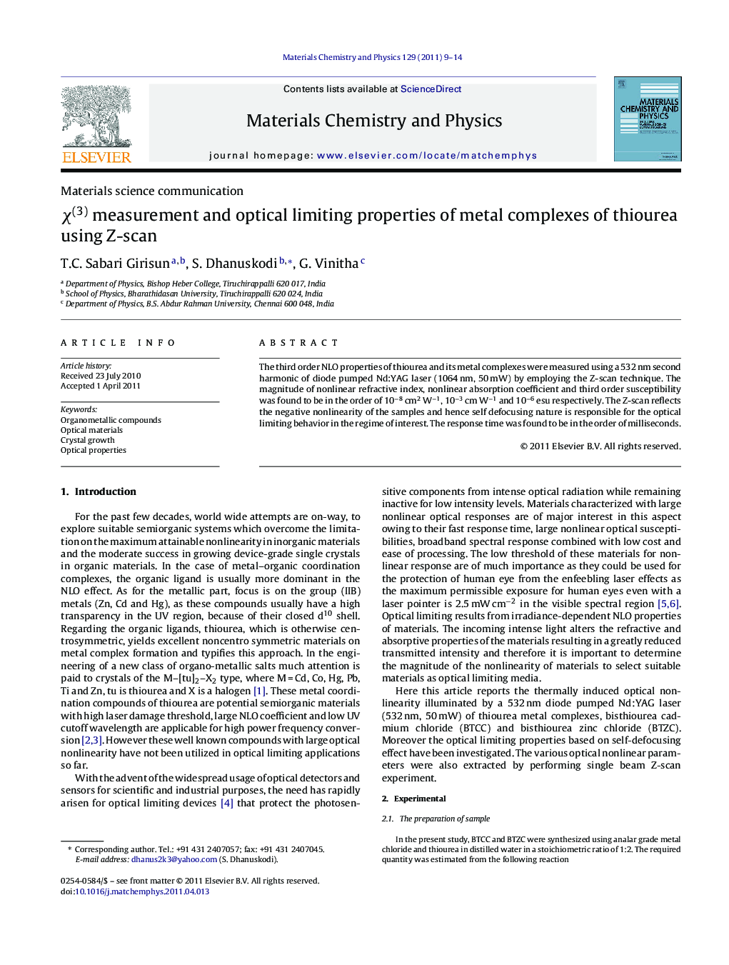 χ(3) measurement and optical limiting properties of metal complexes of thiourea using Z-scan