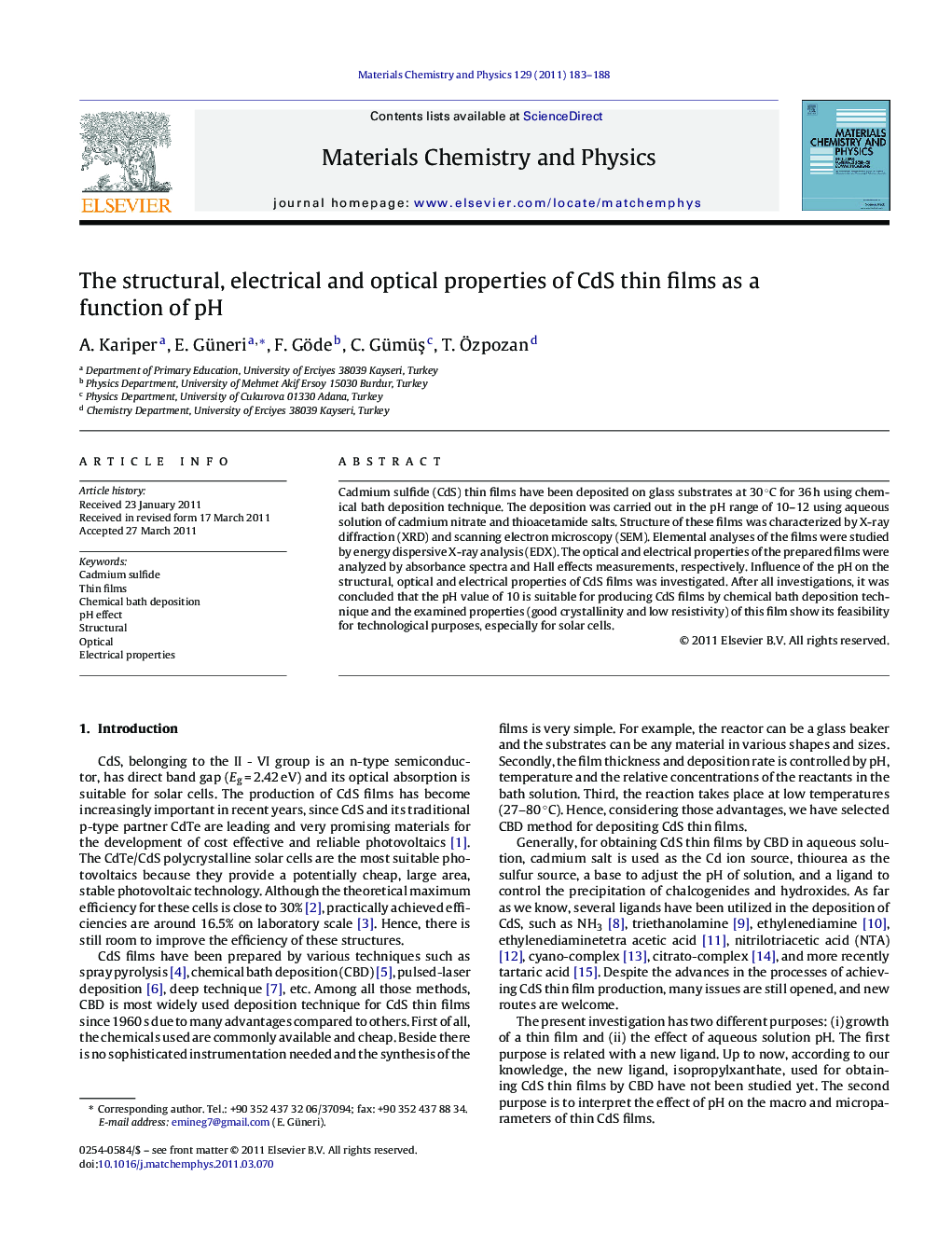 The structural, electrical and optical properties of CdS thin films as a function of pH