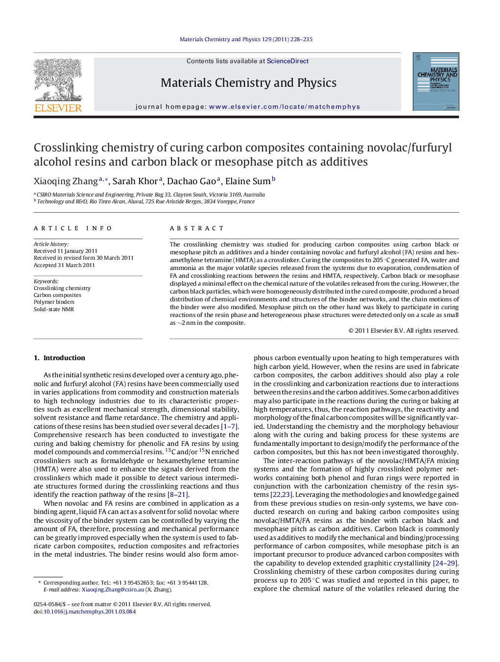 Crosslinking chemistry of curing carbon composites containing novolac/furfuryl alcohol resins and carbon black or mesophase pitch as additives