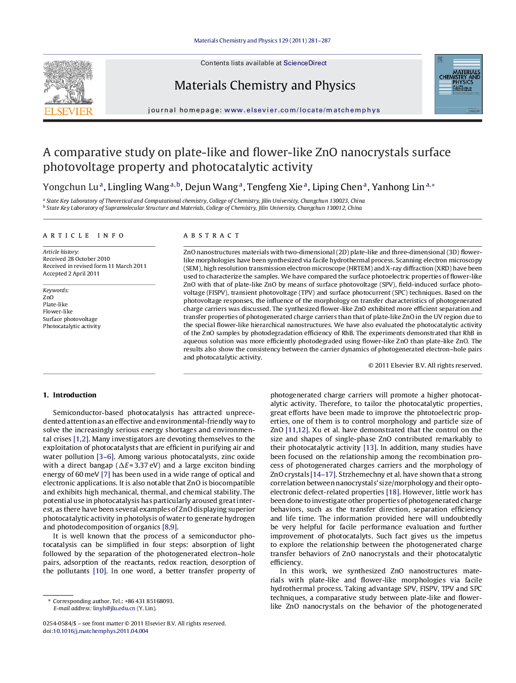 A comparative study on plate-like and flower-like ZnO nanocrystals surface photovoltage property and photocatalytic activity