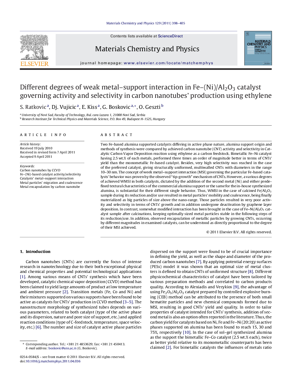 عکس صفحه اول مقاله: Different degrees of weak metal–support interaction in Fe–(Ni)/Al2O3 catalyst governing activity and selectivity in carbon nanotubes’ production using ethylene Different degrees of weak metal–support interaction in Fe–(Ni)/Al2O3 catalyst governing activity and selectivity in carbon nanotubes’ production using ethylene