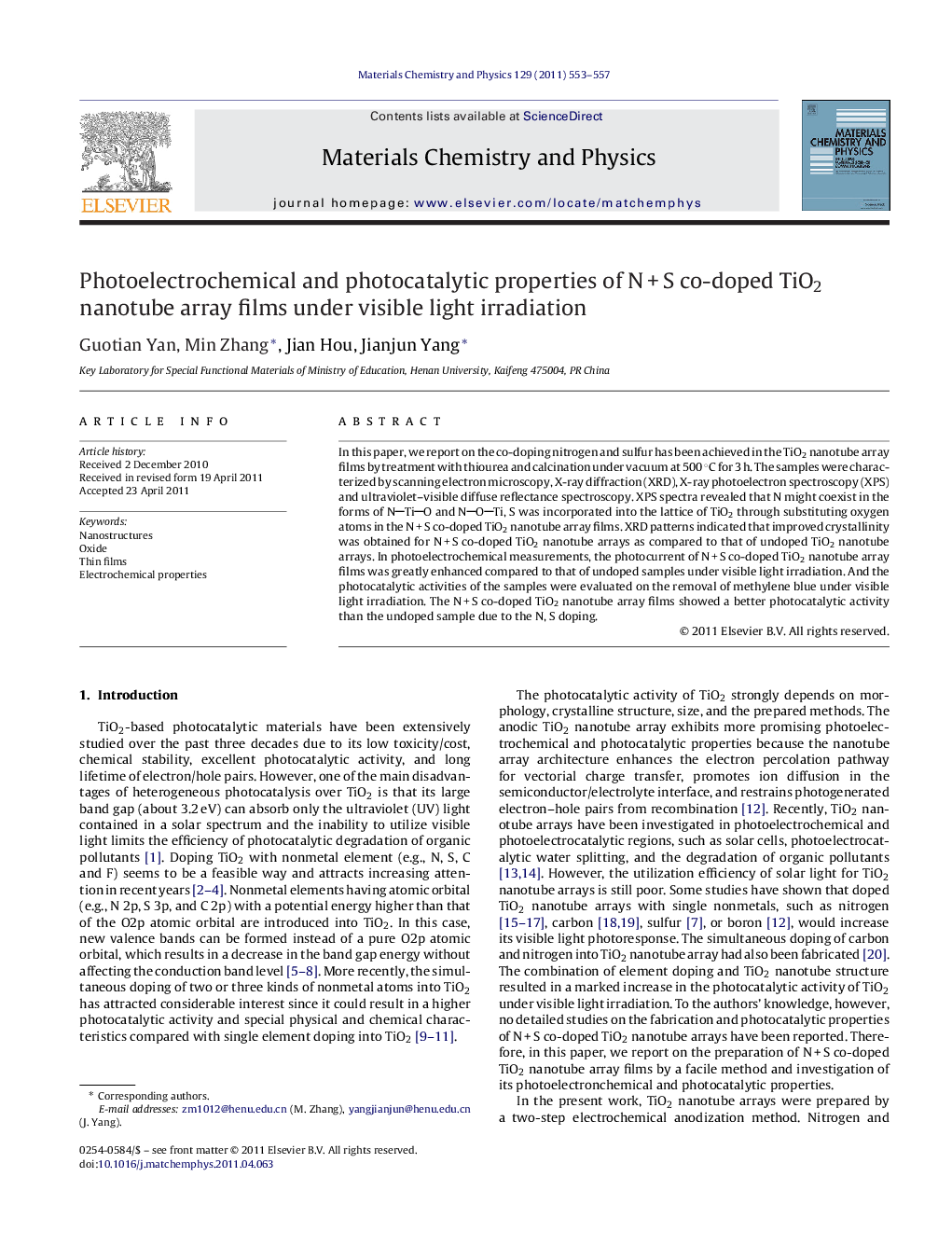 Photoelectrochemical and photocatalytic properties of N + S co-doped TiO2 nanotube array films under visible light irradiation