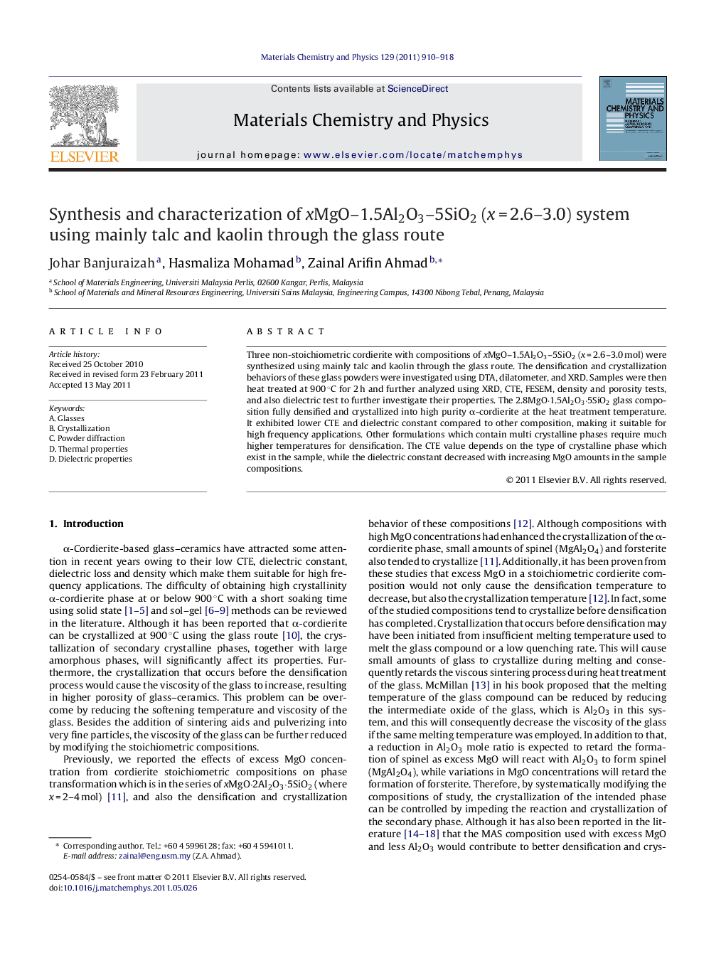 Synthesis and characterization of xMgO–1.5Al2O3–5SiO2 (x = 2.6–3.0) system using mainly talc and kaolin through the glass route