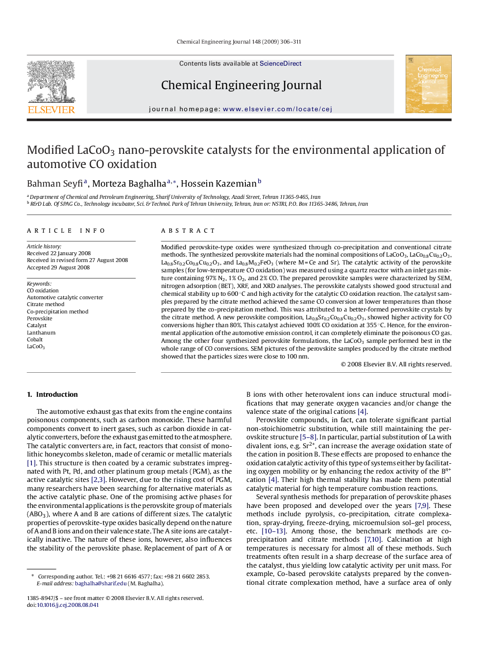 Modified LaCoO3 nano-perovskite catalysts for the environmental application of automotive CO oxidation