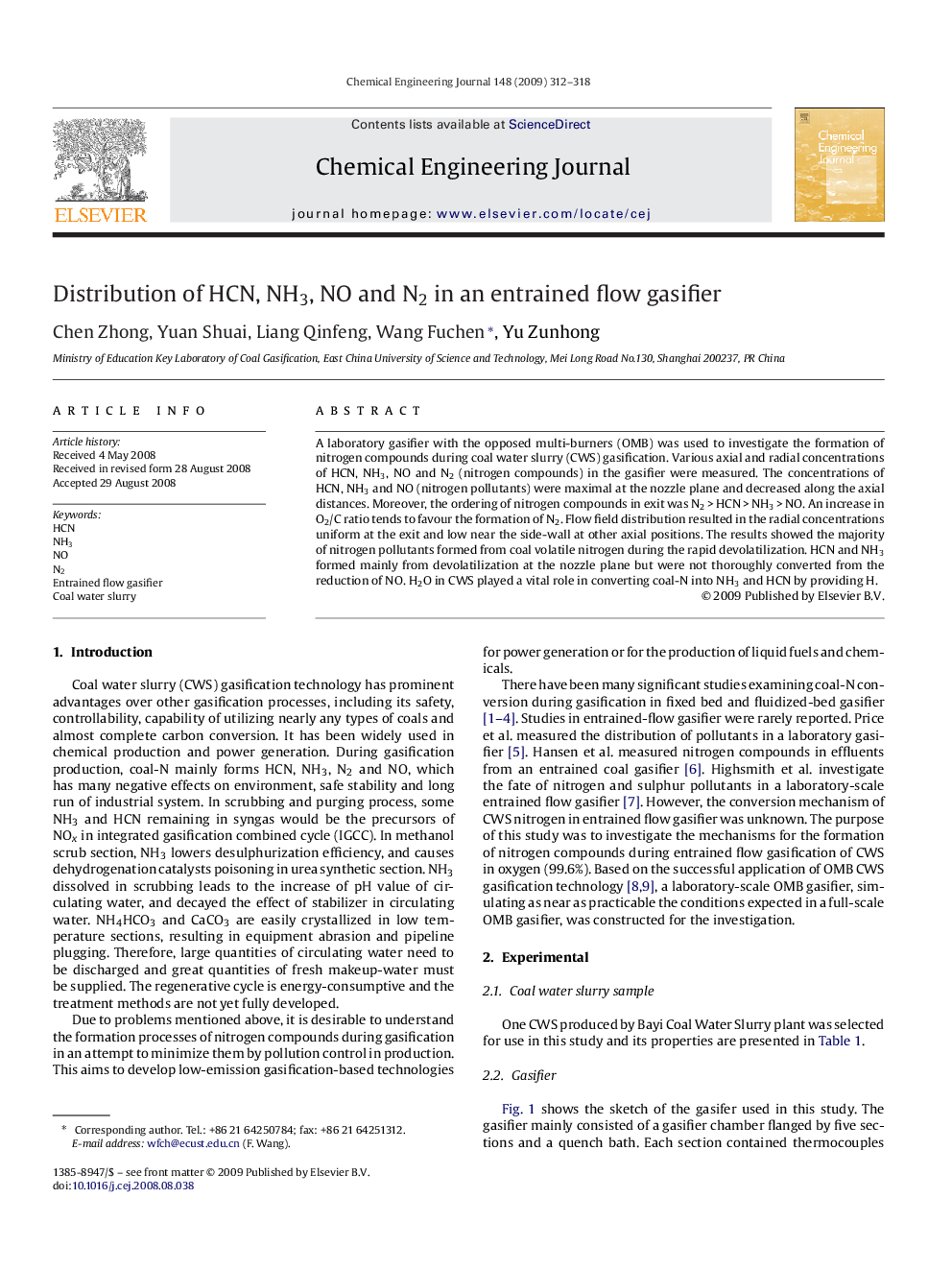 عکس صفحه اول مقاله: Distribution of HCN, NH3, NO and N2 in an entrained flow gasifier Distribution of HCN, NH3, NO and N2 in an entrained flow gasifier