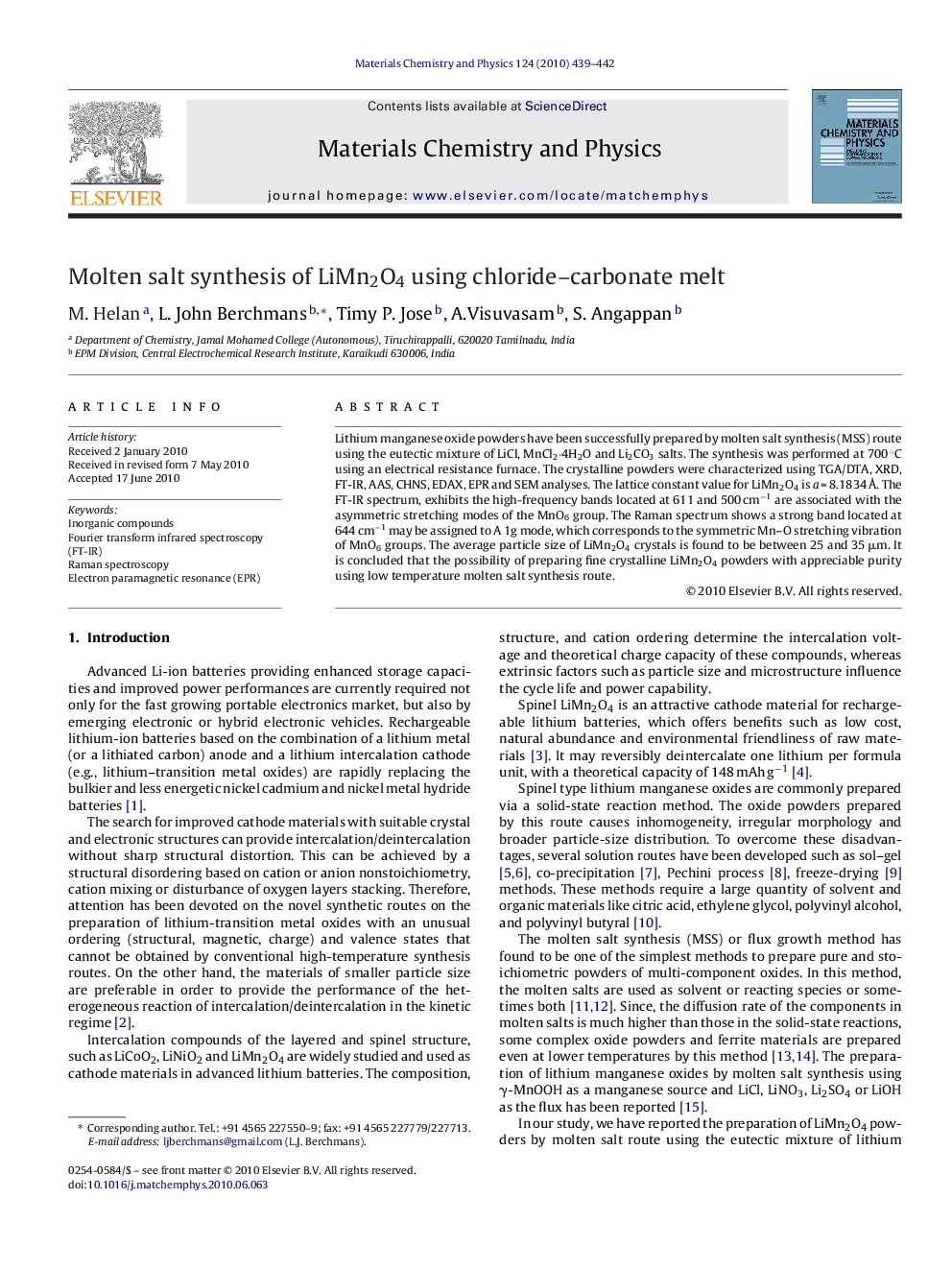 Molten salt synthesis of LiMn2O4 using chloride–carbonate melt