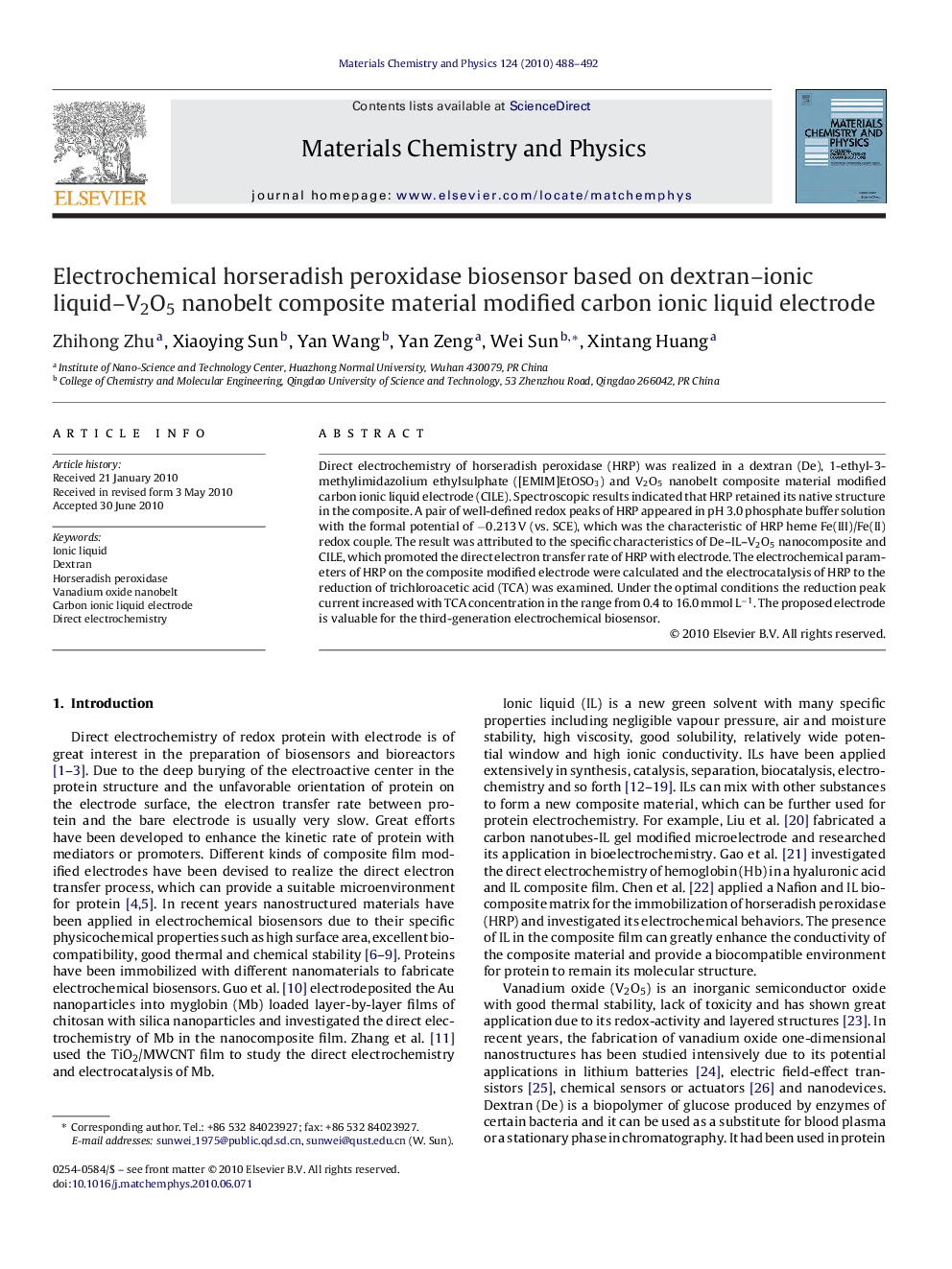 Electrochemical horseradish peroxidase biosensor based on dextran–ionic liquid–V2O5 nanobelt composite material modified carbon ionic liquid electrode