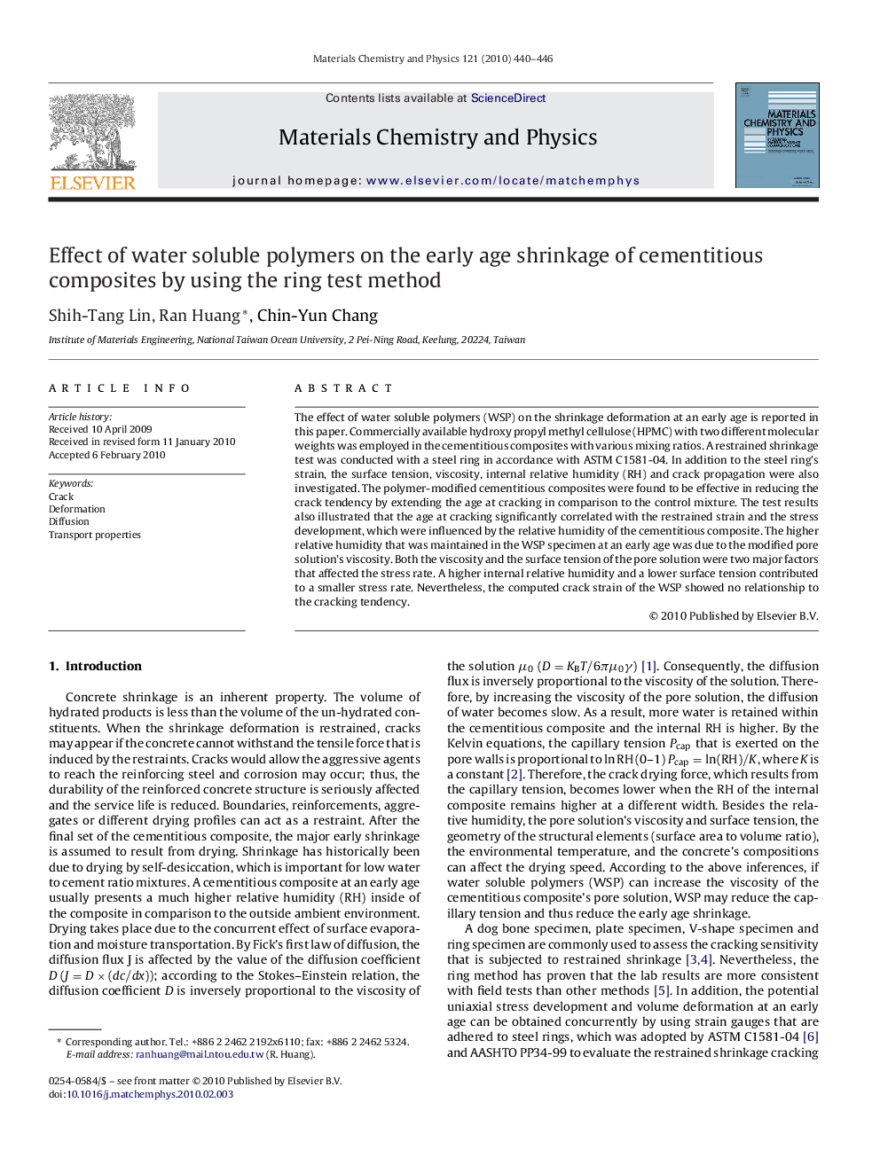 Effect of water soluble polymers on the early age shrinkage of cementitious composites by using the ring test method