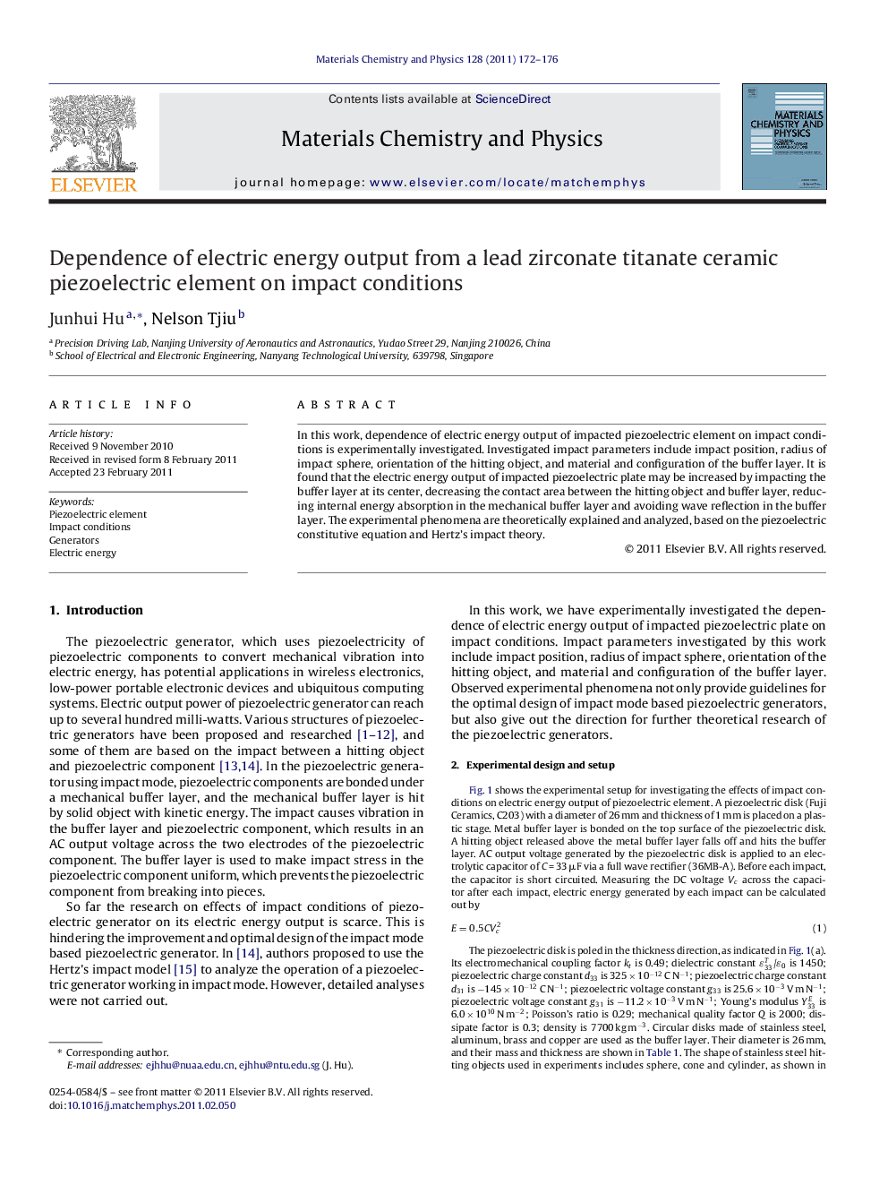 Dependence of electric energy output from a lead zirconate titanate ceramic piezoelectric element on impact conditions