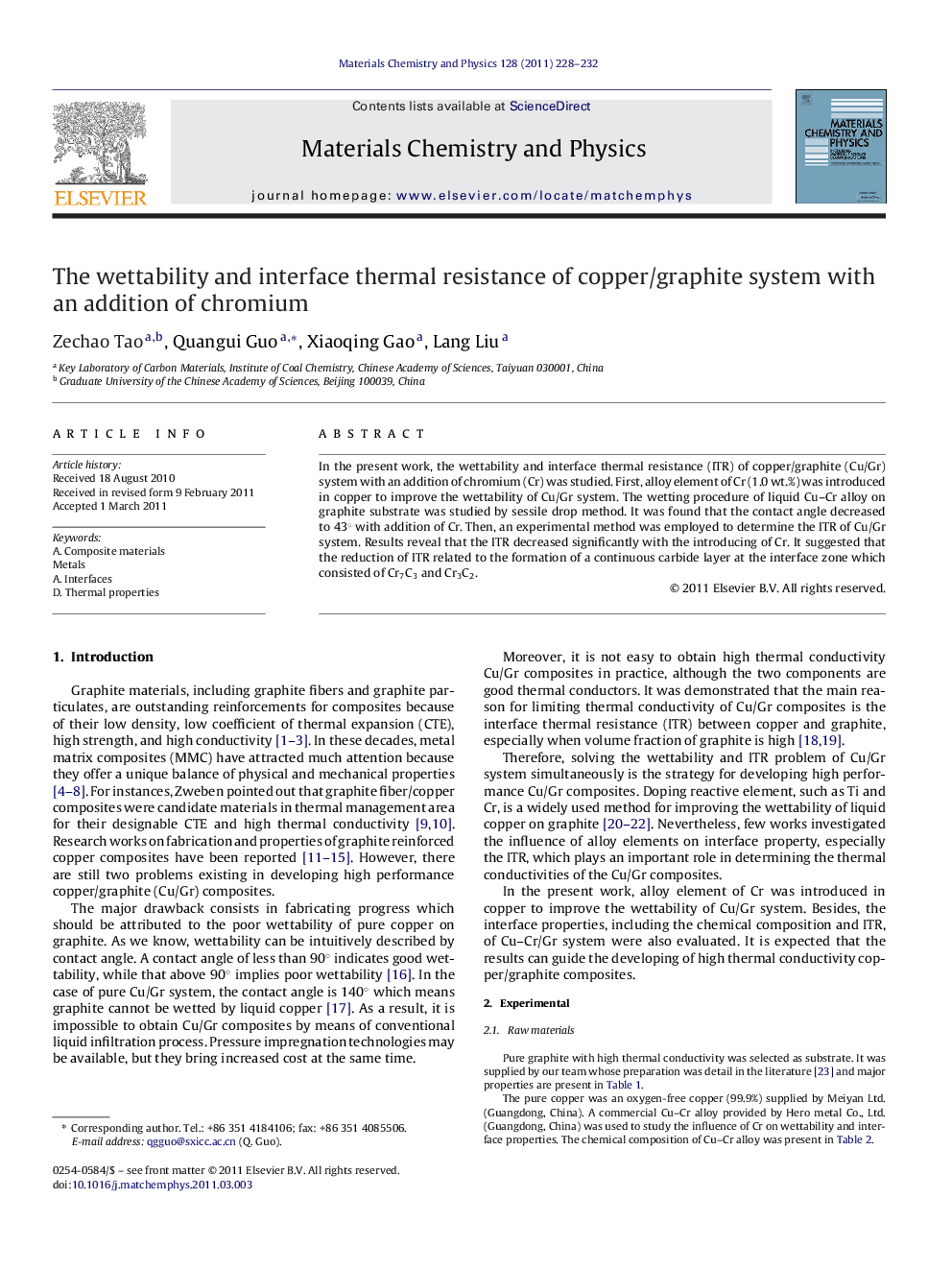 The wettability and interface thermal resistance of copper/graphite system with an addition of chromium