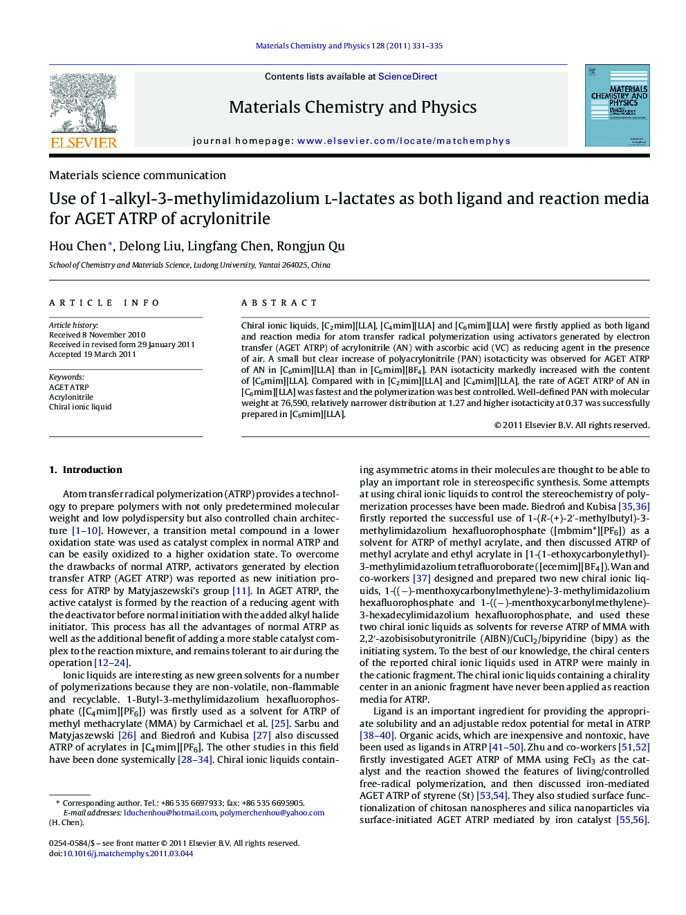 Use of 1-alkyl-3-methylimidazolium l-lactates as both ligand and reaction media for AGET ATRP of acrylonitrile