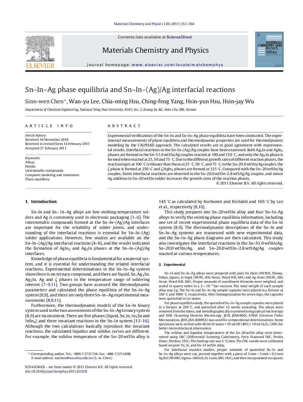 عکس صفحه اول مقاله: Sn-In-Ag phase equilibria and Sn-In-(Ag)/Ag interfacial reactions Sn-In-Ag phase equilibria and Sn-In-(Ag)/Ag interfacial reactions
