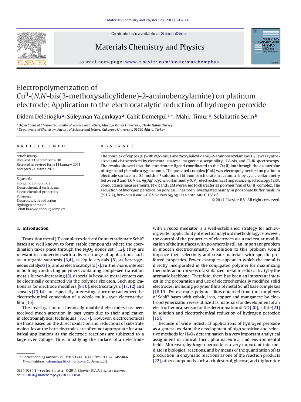 Electropolymerization of CuII-(N,N′-bis(3-methoxysalicylidene)-2-aminobenzylamine) on platinum electrode: Application to the electrocatalytic reduction of hydrogen peroxide