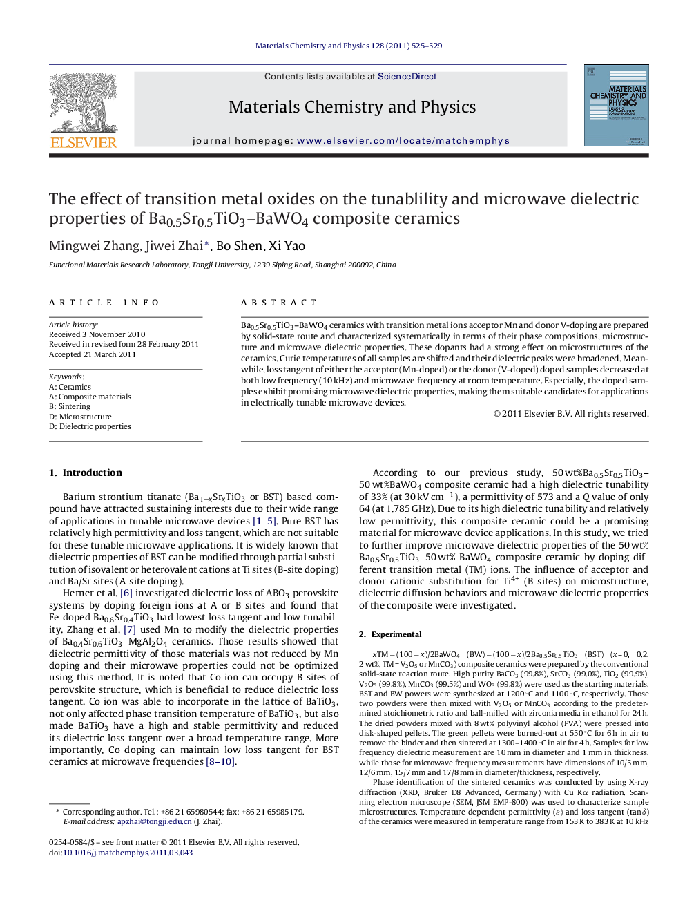 The effect of transition metal oxides on the tunablility and microwave dielectric properties of Ba0.5Sr0.5TiO3–BaWO4 composite ceramics