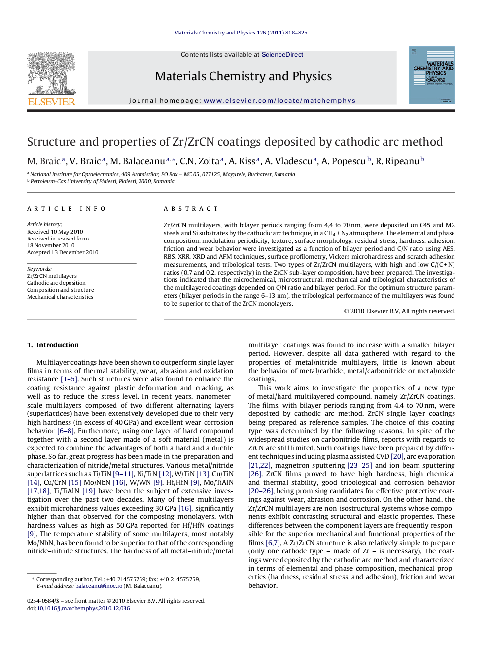 عکس صفحه اول مقاله: Structure and properties of Zr/ZrCN coatings deposited by cathodic arc method Structure and properties of Zr/ZrCN coatings deposited by cathodic arc method