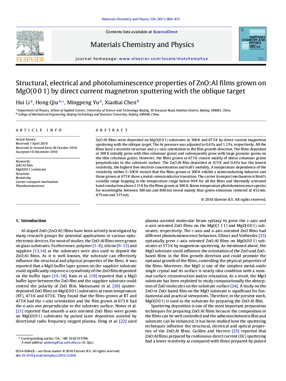 Structural, electrical and photoluminescence properties of ZnO:Al films grown on MgO(0 0 1) by direct current magnetron sputtering with the oblique target