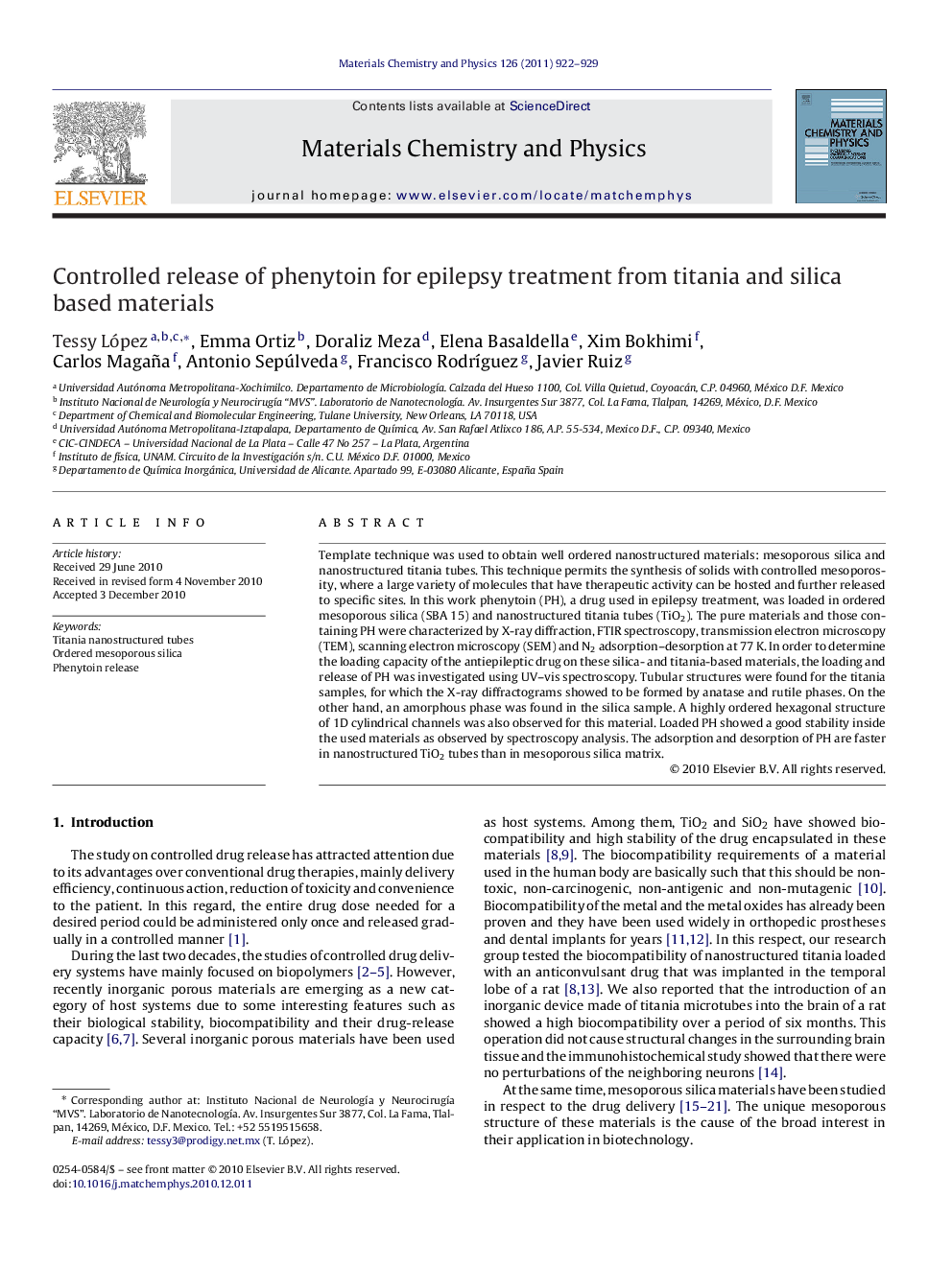 Controlled release of phenytoin for epilepsy treatment from titania and silica based materials