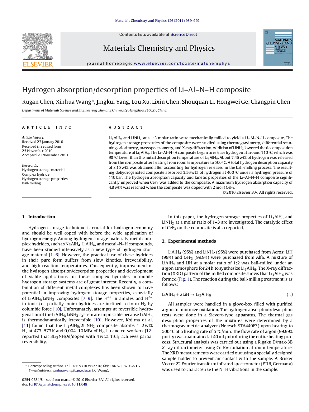 Hydrogen absorption/desorption properties of Li–Al–N–H composite