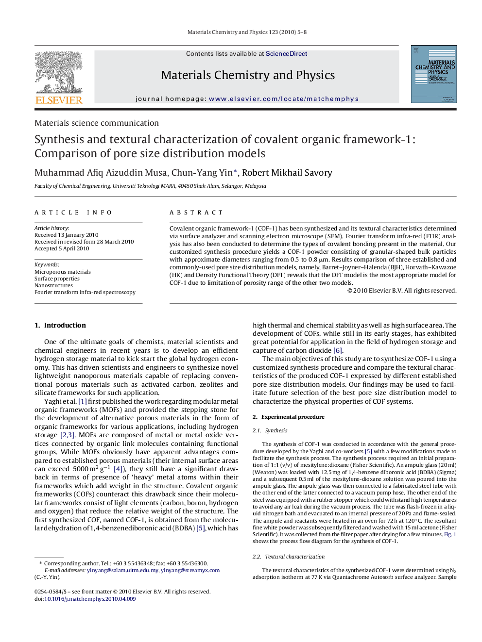 Synthesis and textural characterization of covalent organic framework-1: Comparison of pore size distribution models