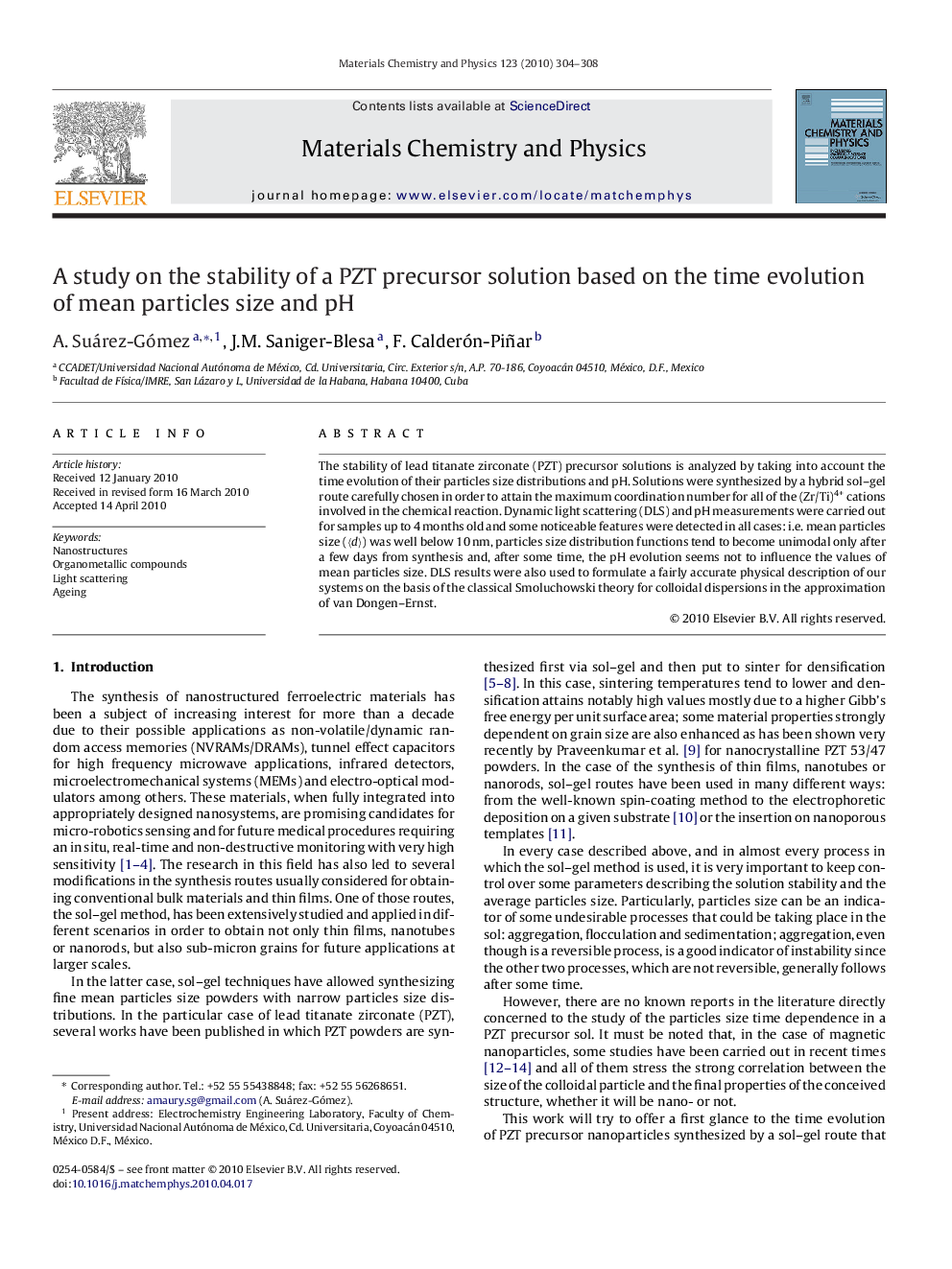 A study on the stability of a PZT precursor solution based on the time evolution of mean particles size and pH